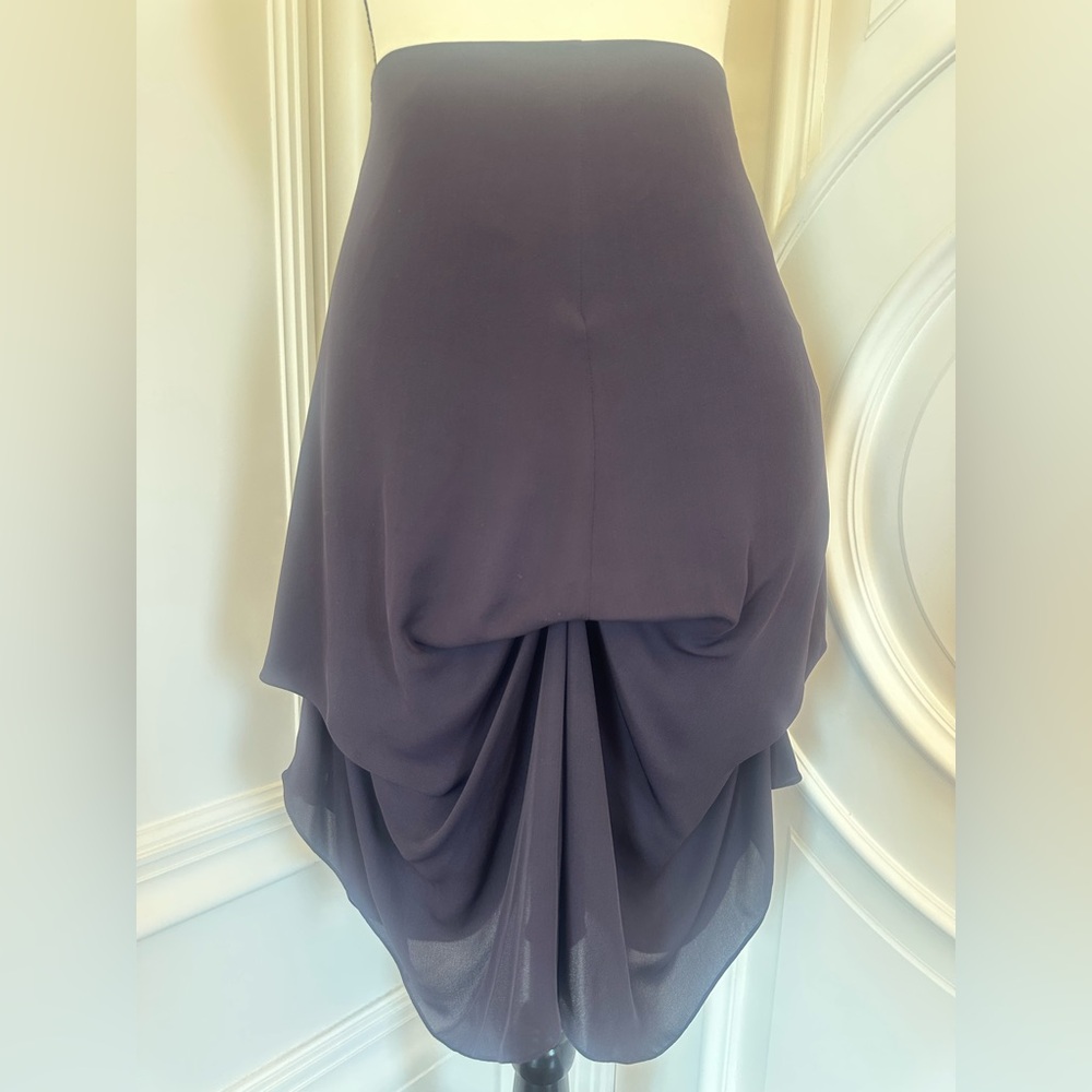 Morgan Le Fay NWOT Purple 100% Silk High Low Ruched Knee Length Skirt (Size 6)